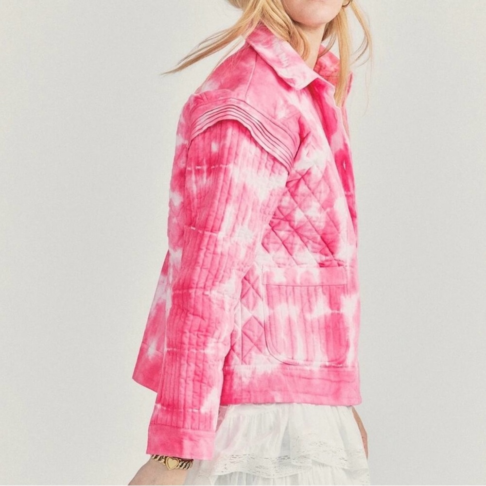 LoveShackFancy Pink and White Quilted Jean Jacket